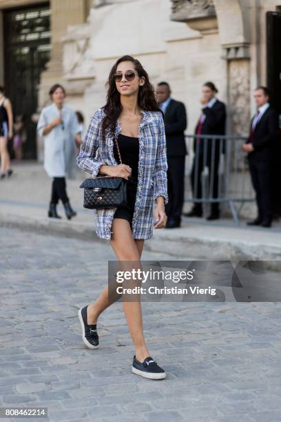 Model Yasmin Wijnaldum outside Alexandre Vauthier during Paris Fashion Week - Haute Couture Fall/Winter 2017-2018 : Day Three on July 4, 2017 in...