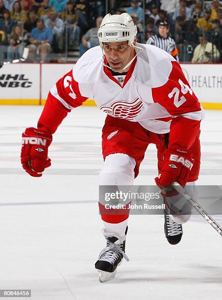 Chris Chelios of the Detroit Red Wings skates against the Nashville Predators during game six of the conference quarter-final series of the 2008 NHL...
