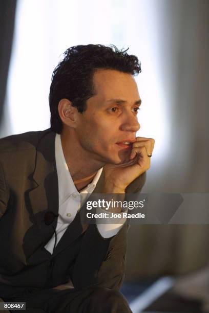 Singer Marc Anthony answers questions during an interview at the 12th Annual Billboard Latin Music Conference & Awards April 25, 2001 in Miami Beach,...