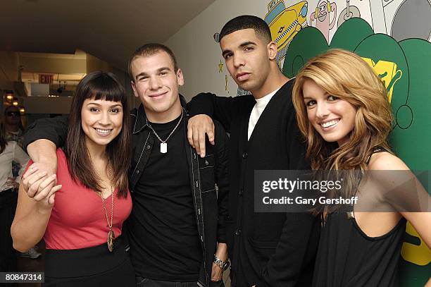 Actress Cassie Steele, actor Shane Kippel, actor Aubrey Graham and actress Shenae Grimes of the Cast of "DeGrassi High" pose for pictures while...