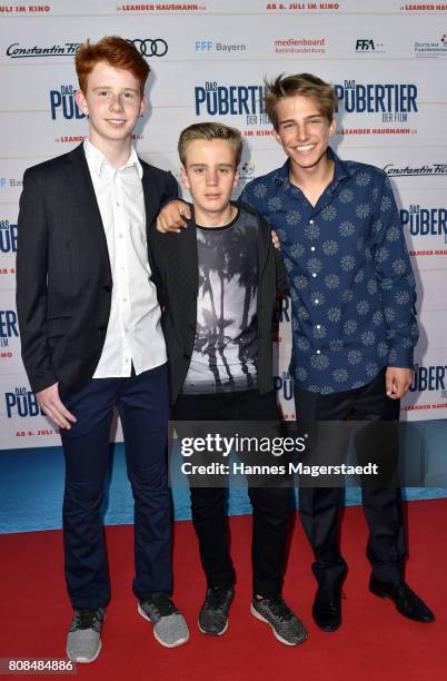 Simon Enge, Philipp Franck and Marlon Kaindl during the 'Das Pubertier' Premiere at Mathaeser Filmpalast on July 4, 2017 in Munich, Germany.