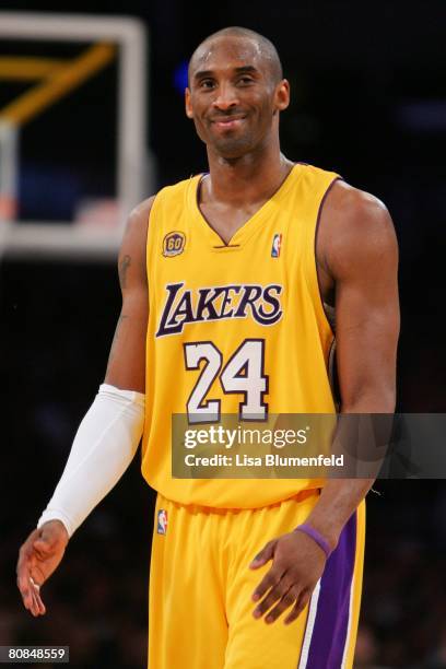 Kobe Bryant of the Los Angeles Lakers reacts in the fourth quarter against the Denver Nuggets in Game Two of the Western Conference Quarterfinals...