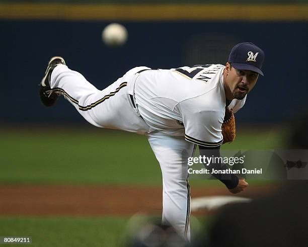 Starting pitcher Jeff Suppan of the Milwaukee Brewers watches his throw against the Philadelphia Phillies on April 24, 2008 at Miller Park in...