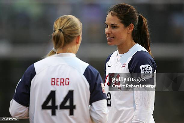 Jessica Mendoza and Laura Berg of the USA softball team before the game against the UCLA Bruins Softball team on April 22, 2008 at Easton Stadium in...