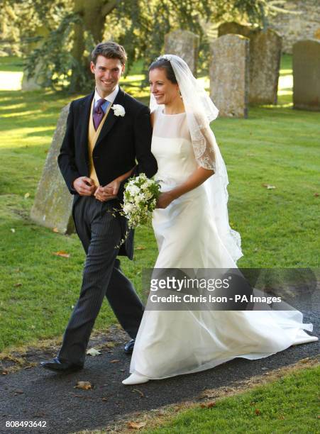 Harry and Rosie Mead leave their wedding in the village of Northleach, Gloucestershire which was attended by Prince William and Kate Middleton.