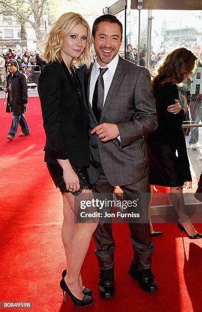 Gwyneth Paltrow and Robert Downey Jr attend the Iron Man film premiere held at the Odeon Leicester Square on April 24, 2008 in London, England.