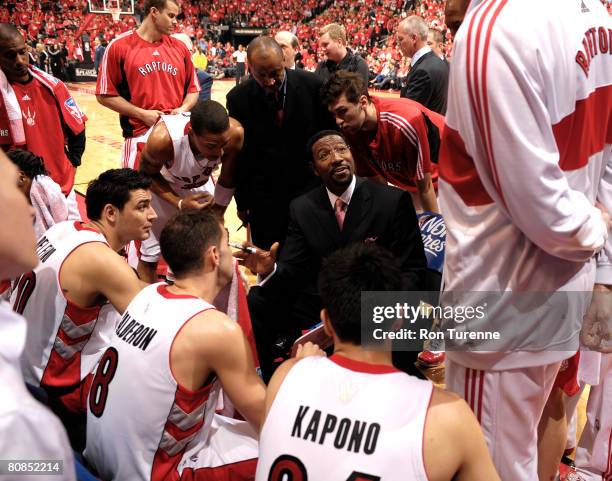 Head coach Sam Mitchell of the Toronto Raptors draws up a play during a game against the Orlando Magic in Game Three of the Eastern Conference...