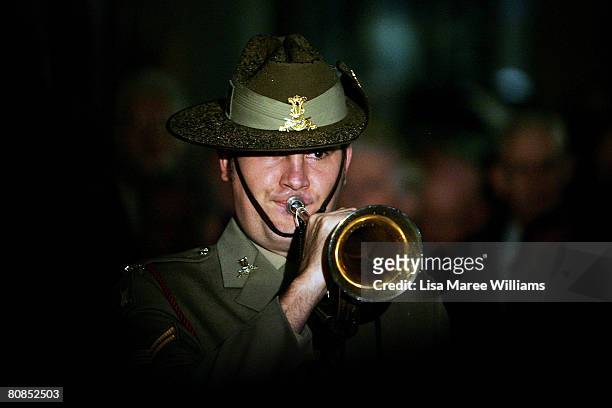 Bugler plays the last post during the Anzac Dawn Service at Martin Place on April 25, 2008 in Sydney, Australia. ANZAC stands for Australian and New...