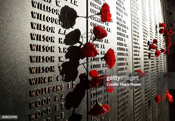 Poppies are placed beside the names of those who lost their lives on the Roll of Honour for World War I after the ANZAC Day Dawn Service at the...