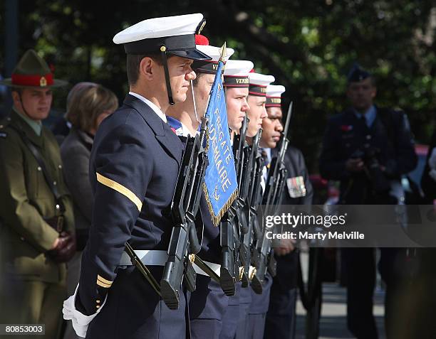 Sailors from the French navel ship FNS Vendemiare stand at the Tomb of the Unknown Warrior during the Wellington Anzac day commemorations at the...