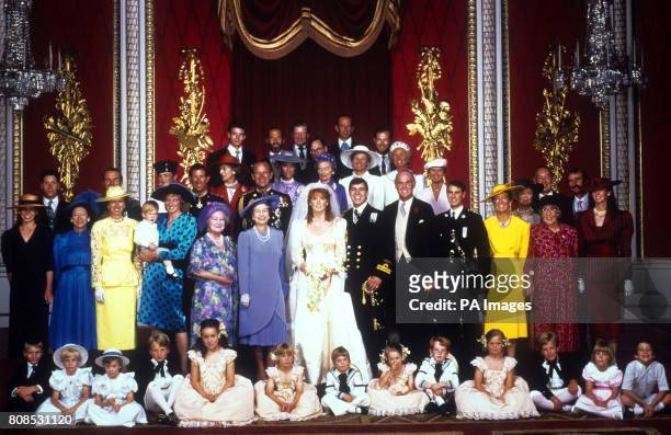 The Royal Wedding group at Buckingham Palace after the marriage of the Duke and Duchess of York. Front row ; The Earl of Ulster, Lady Davina Windsor,...