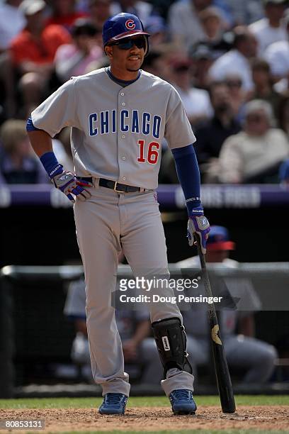 Third baseman Aramis Ramirez of the Chicago Cubs in action against the Colorado Rockies at Coors Field on April 24, 2008 in Denver, Colorado. The...