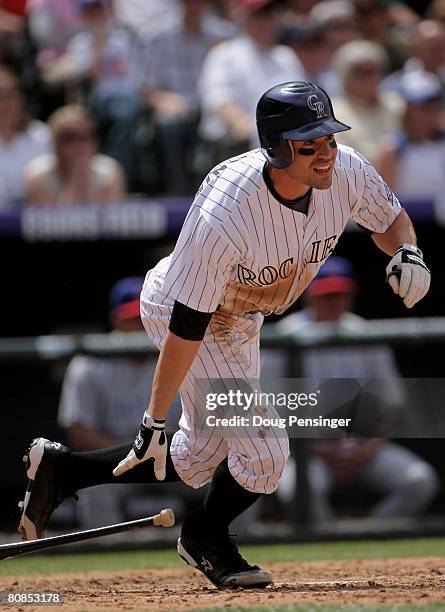 Center fielder Scott Podsednik of the Colorado Rockies in action against the Chicago Cubs at Coors Field on April 24, 2008 in Denver, Colorado. The...