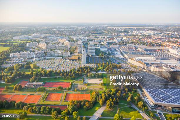 germany, bavaria, munich, cityscape, drone photography. aerial view - olympiapark stock pictures, royalty-free photos & images