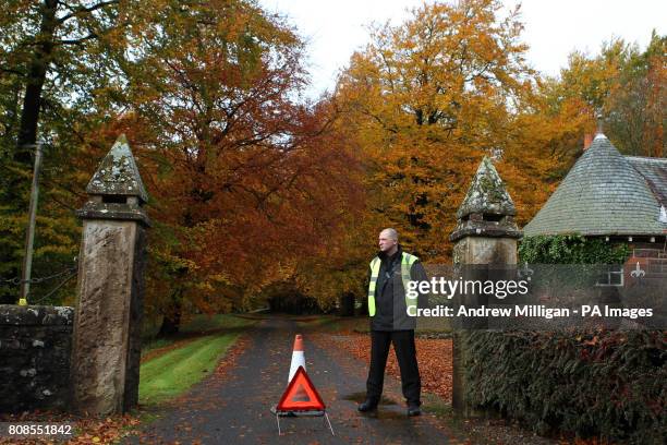 Security stands at the entrance to Cromlix House Hotel near Dunblane where Jamie Murray is to marry Alejandra Gutierrez in a ceremony today.