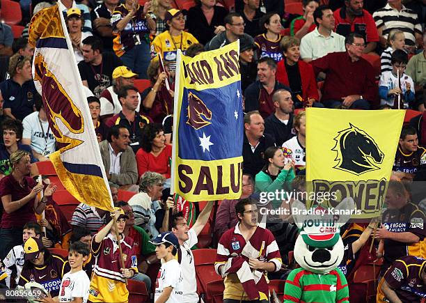 The Rabbitohs mascot stands alone amongst a sea of Broncos fans during the round seven NRL match between the Brisbane Broncos and the South Sydney...