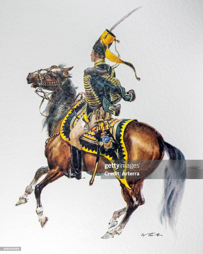 Swedish officer on horseback in uniform of the 1837 Hussar regiment 'Kronprinz'