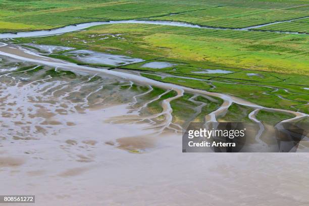 Aerial view over saltmarsh and mudflats at low tide, Wadden Sea National Park, Schleswig-Holstein, Germany.