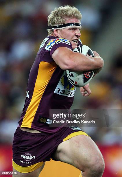 Ben Hannant of the Broncos runs with the ball during the round seven NRL match between the Brisbane Broncos and the South Sydney Rabbitohs at Suncorp...