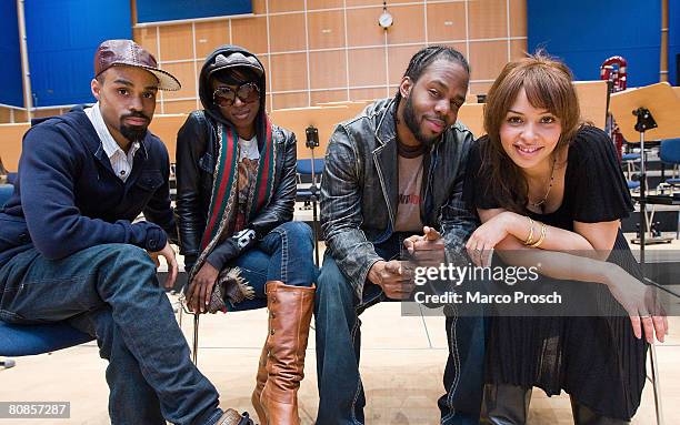 Singers Bilal, Tweet, Dwele and Joy Denalane are seen during 'The Dresden Soul Symphony' rehearsal at the orchestra on April 23, 2008 in Leipzig,...