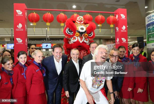 Sir Richard Branson poses with Steven Ciobo, Minister for Trade, Tourism and Investment; John Borghetti, Virgin Australia Group CEO and Managing...