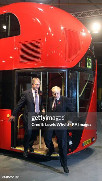 Secretary of State for Northern Ireland Owen Paterson and London Mayor Boris Johnson during the unveiling a life-size mock-up of the new hop-on,...