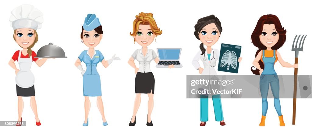 Profesiones Conjunto De Personajes De Dibujos Animados Femeninos Chef Azafata Mujer De Negocios Médico Y Agricultor Ilustración De Vector Ilustración de stock - Getty Images Profesiones Conjunto De Personajes De Dibujos Animados Femeninos Chef Azafata Mujer De Negocios Médico Y Agricultor Ilustración De Vector Ilustración de stock - Getty Images
