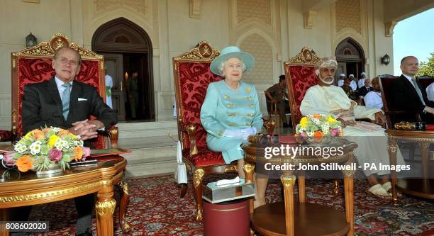 Britain's Queen Elizabeth II, the Duke of Edinburgh the Sultan of Oman, His Majesty Sultan Qaboos bin Said and British Foreign Secretary of State,...