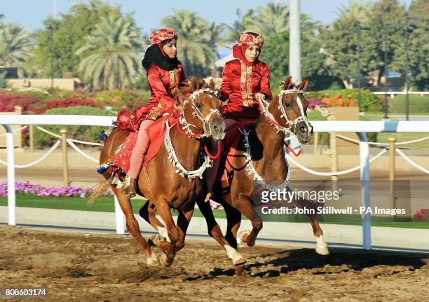 Participants in the Equestrian and Horse Racing show, that performed for Queen Elizabeth II and Duke of Edinburgh, in the presence of the Sultan of...
