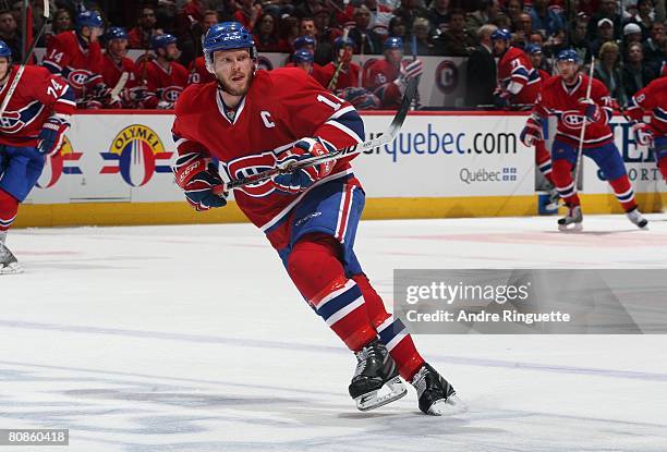 Saku Koivu of the Montreal Canadiens skates against the Boston Bruins during game seven of the 2008 NHL conference quarter-final series at the Bell...