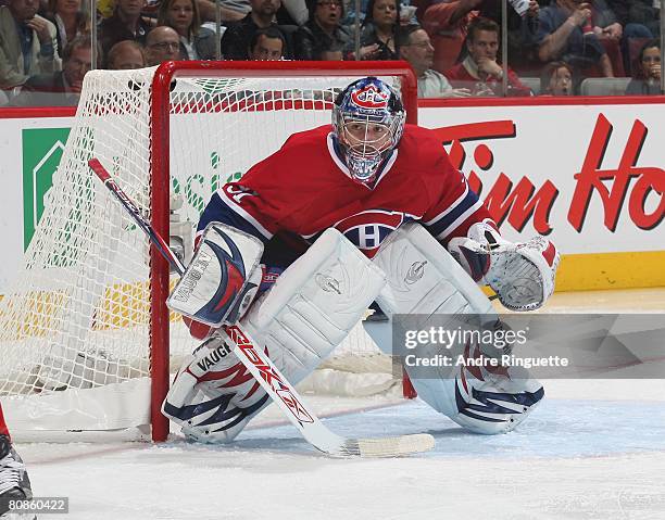 Carey Price of the Montreal Canadiens guards his net against the Boston Bruins during game seven of the 2008 NHL conference quarter-final series at...