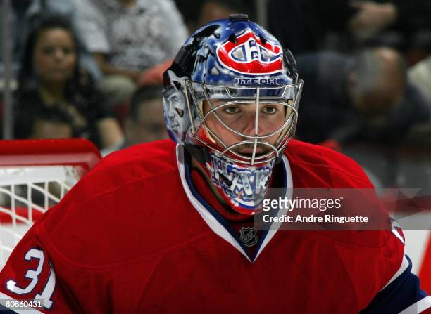 Carey Price of the Montreal Canadiens looks on during a stoppage in play against the Boston Bruins during game seven of the 2008 NHL conference...