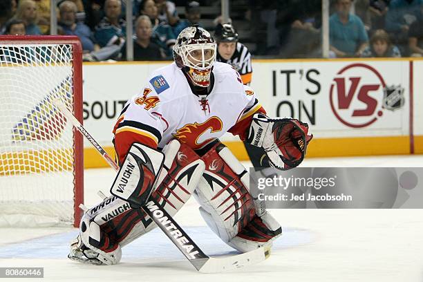 Goaltender Miikka Kiprusoff of the Calgary Flames guards the net against the San Jose Sharks during game five of the 2008 NHL conference...