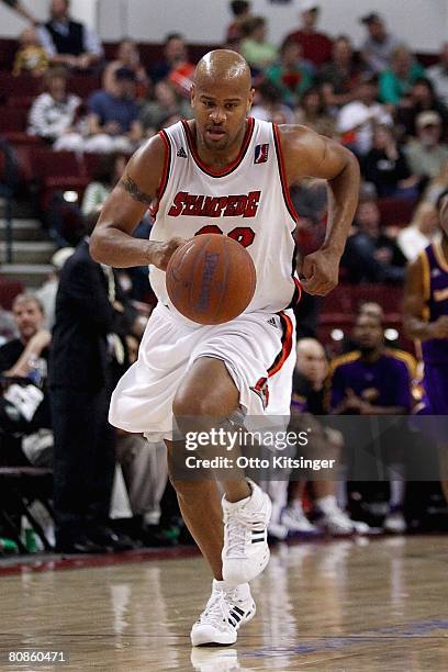 Randy Livingston of the Idaho Stampede drives the ball upcourt in the game against the Los Angeles D-Fenders during the second round of the 2008...