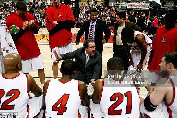 Head coach Bryan Gates of the Idaho Stampede talks to his team during a break in the game against the Los Angeles D-Fenders during the second round...