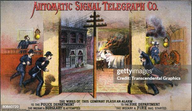 An advertisement illustration for the Automatic Signal Telegraph Company promoting home security using telegraph communication shows two scenes, one...