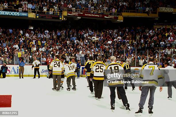 Former Boston Bruins take one last skate during "Last Hurrah" ceremony celebrating the closing of Boston Garden on September 28,1995.