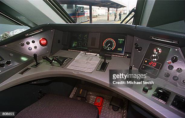 The control cab of the nation's first high-speed train, Amtrak's Acela Express, prior to its departure from Union Station November 16, 2000 in...