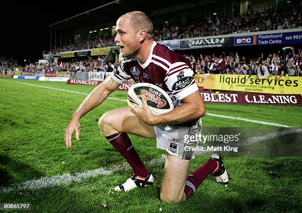Steve Bell of the Sea Eagles celebrates after scoring a try in the corner during the round seven NRL match between the Manly Warringah Sea Eagles and...