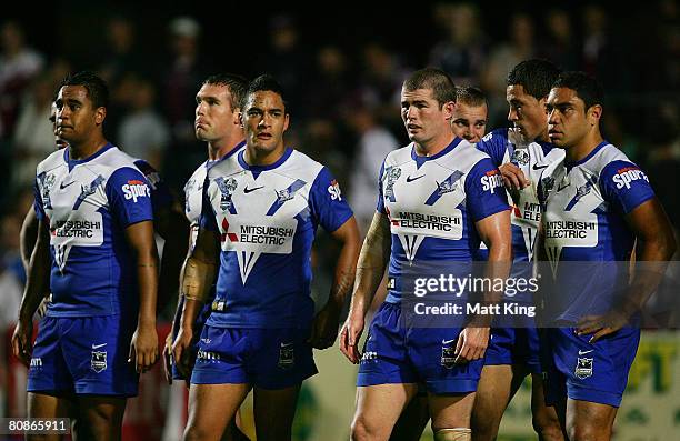 Bulldogs players look dejected after a Sea Eagles try during the round seven NRL match between the Manly Warringah Sea Eagles and the Bulldogs at...