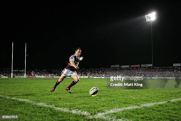 Matt Orford of the Sea Eagles takes a conversion attempt during the round seven NRL match between the Manly Warringah Sea Eagles and the Bulldogs at...