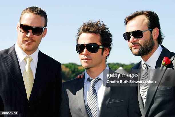 Callan Mulvey, Damian Walshe-Howling and Gryton Grantley from the television show 'Underbelly' pose at the David Jones Marque Emirates Doncaster Day...
