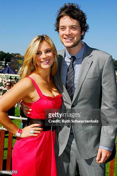 Anna Jennings and partner radio host Hamish Blake pose at the David Jones Marquee on Emirates Doncaster Day at the Royal Randwick Racecourse on April...