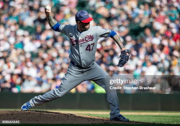 Reliever Peter Moylan of the Kansas City Royals delivers a pitch during the sixth inning of a game against the Seattle Mariners at Safeco Field on...