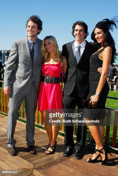 Andy Lee, Anna Jennings, Andy Lee and model Megan Gale pose at the David Jones Marquee on Emirates Doncaster Day at the Royal Randwick Racecourse on...