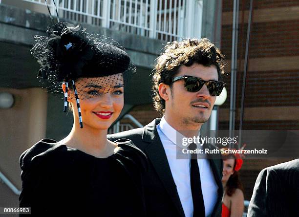 Model Miranda Kerr and partner/actor Orlando Bloom arrive at the David Jones Marquee on Emirates Doncaster Day at the Royal Randwick Racecourse on...