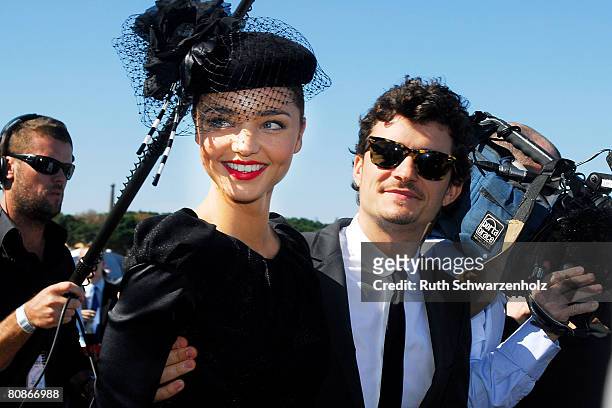 Model Miranda Kerr and partner/actor Orlando Bloom arrive at the David Jones Marquee on Emirates Doncaster Day at the Royal Randwick Racecourse on...
