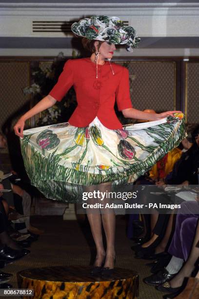 An outfit shown at the preview show for the Zandra Rhodes Spring/Summer Collection in London.