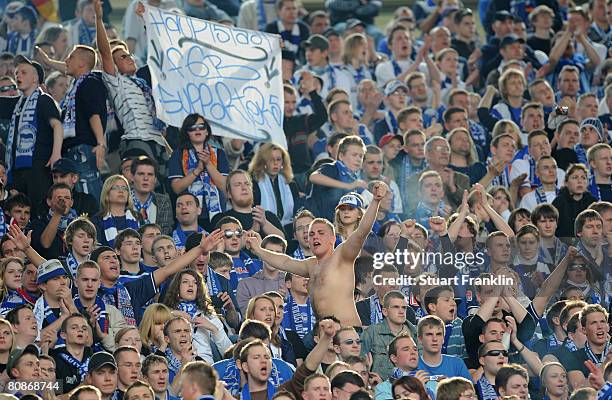 Fans of Berlin during the Bundesliga match between Hannover 96 and Hertha BSC Berlin at the AWD Arena on April 26, 2008 in Hanover, Germany.