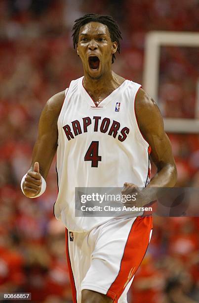 Chris Bosh of the Toronto Raptors shows his excitment against the Orlando Magic in Game 3 of the Eastern Conference Quarterfinals on April 24, 2008...